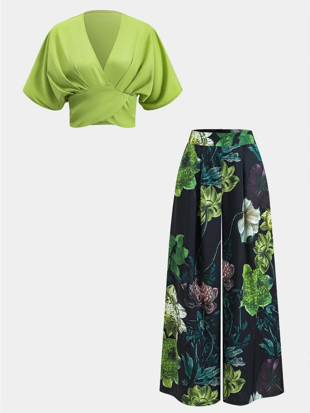 NWT MICAS 3XL Green Crop Top Floral Wide Leg Pants Two Piece Set